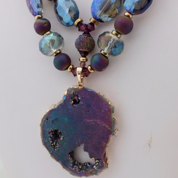 Double Strand Purple Crystals Natural Stone Druzy Pendant Necklace - Picture 8 of 10